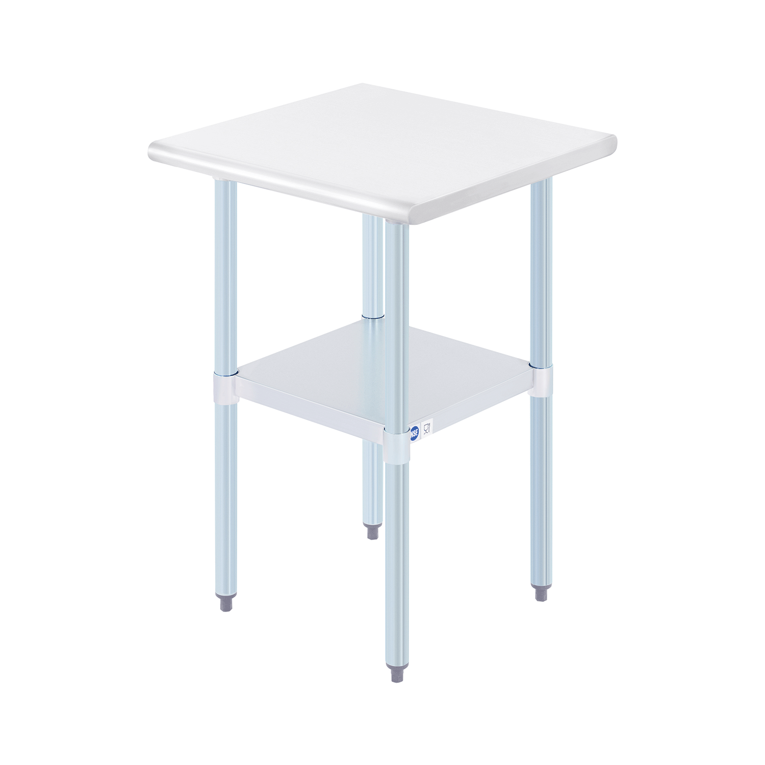Stainless steel commercial work table with a white tabletop and blue undershelf, featuring adjustable legs and storage compartments.