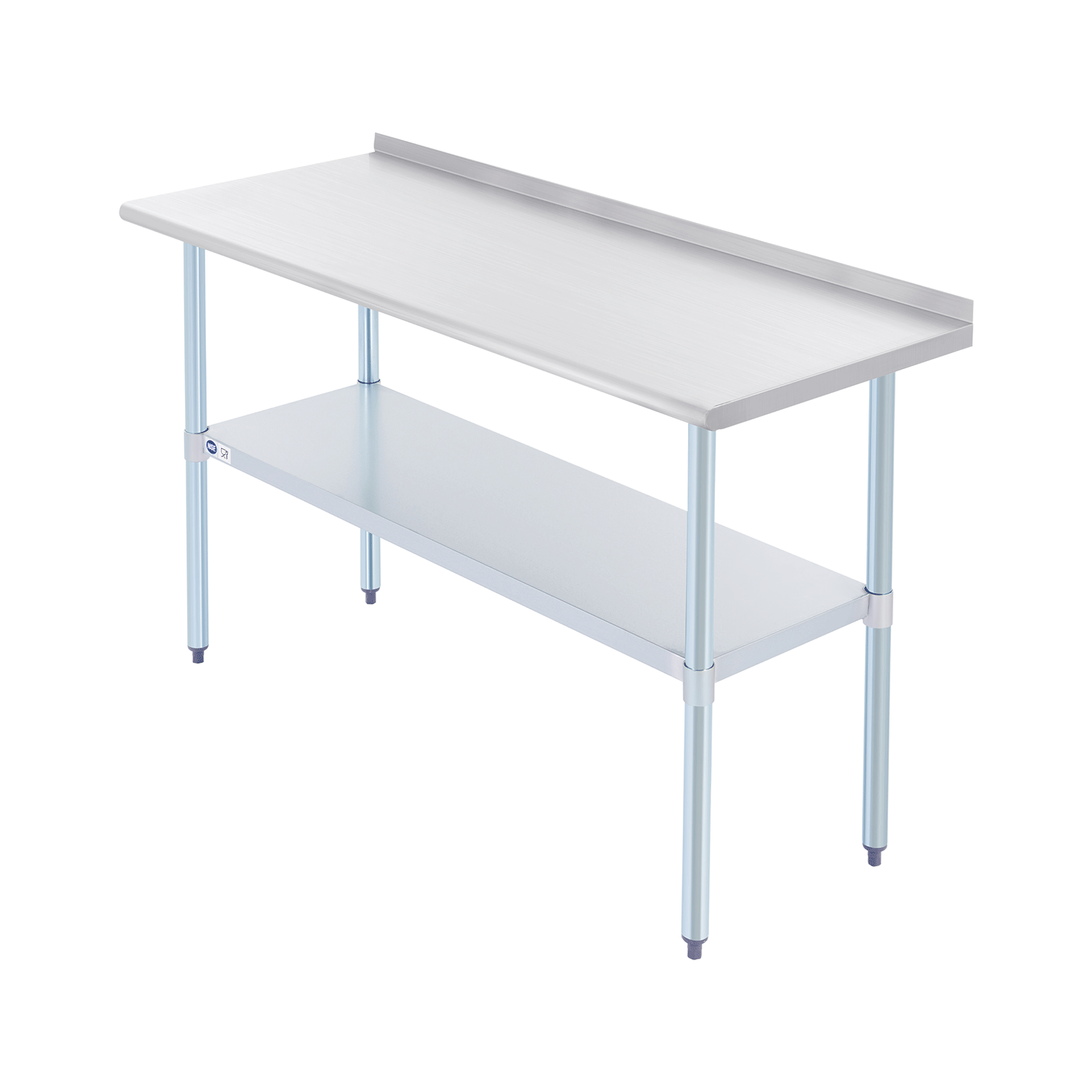Stainless steel commercial work table with a smooth top, back splash, and adjustable undershelf, featuring metal legs.