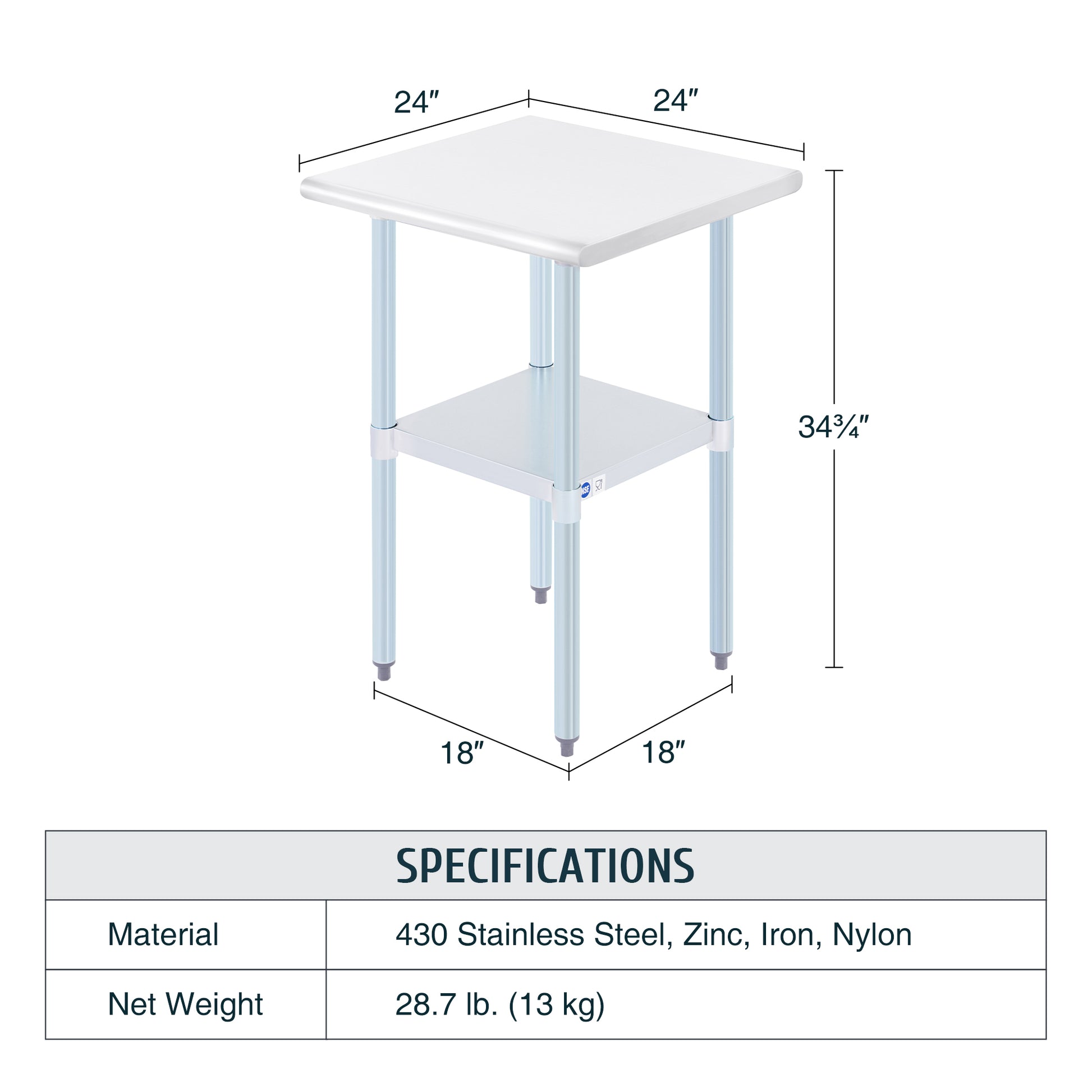 Stainless steel commercial work table with a smooth top, back splash, and adjustable undershelf, featuring metal legs.
