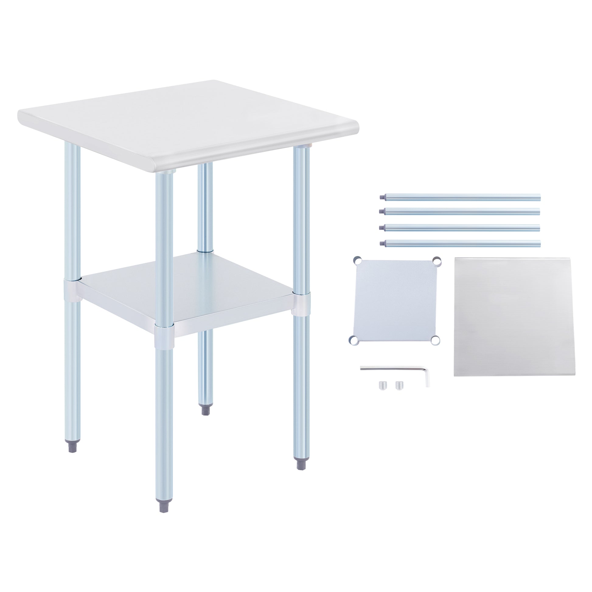 Stainless steel commercial work table with a smooth top, back splash, and adjustable undershelf, featuring metal legs.