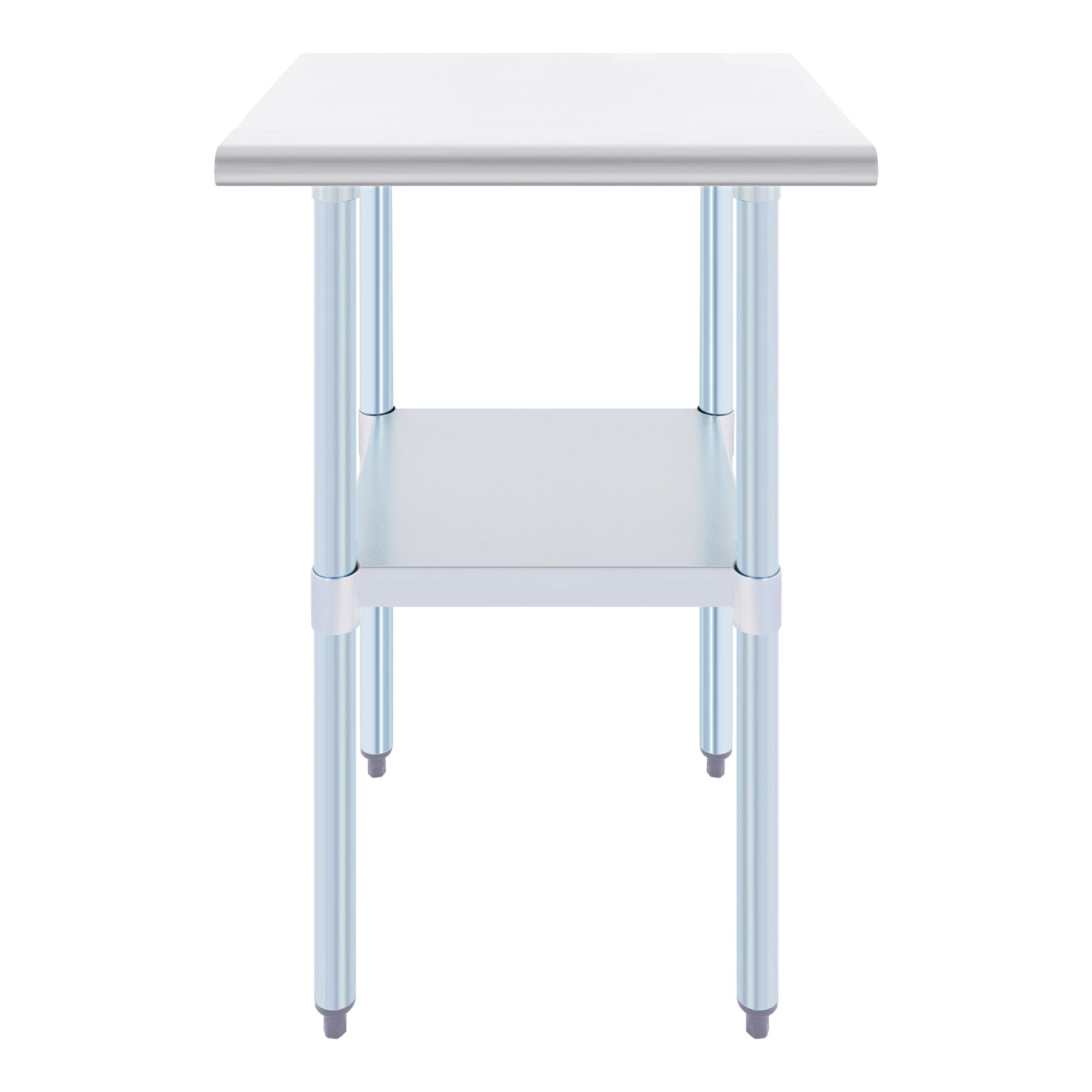 Stainless steel commercial work table with a smooth top, back splash, and adjustable undershelf, featuring metal legs.