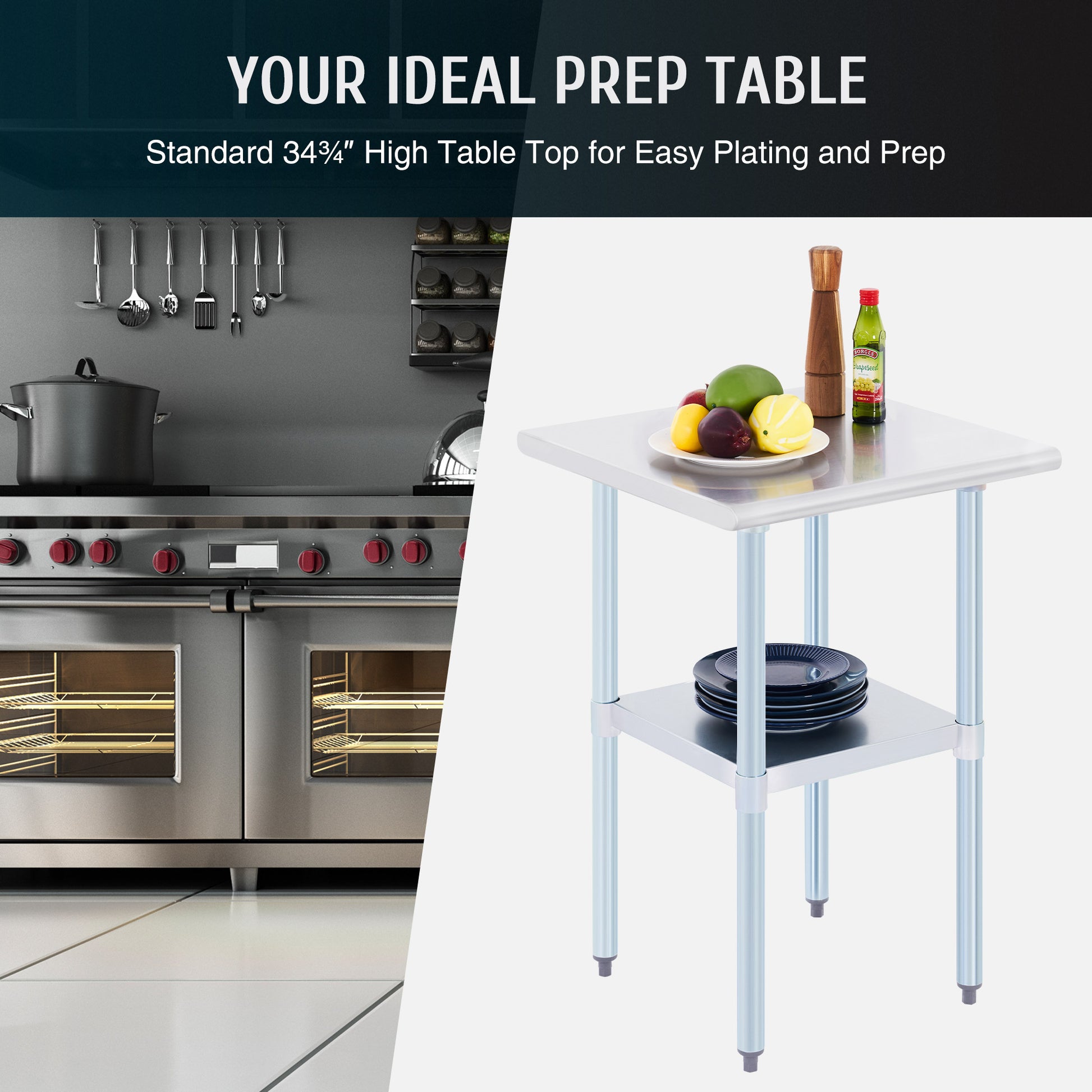 Stainless steel commercial work table with a smooth top, back splash, and adjustable undershelf, featuring metal legs.