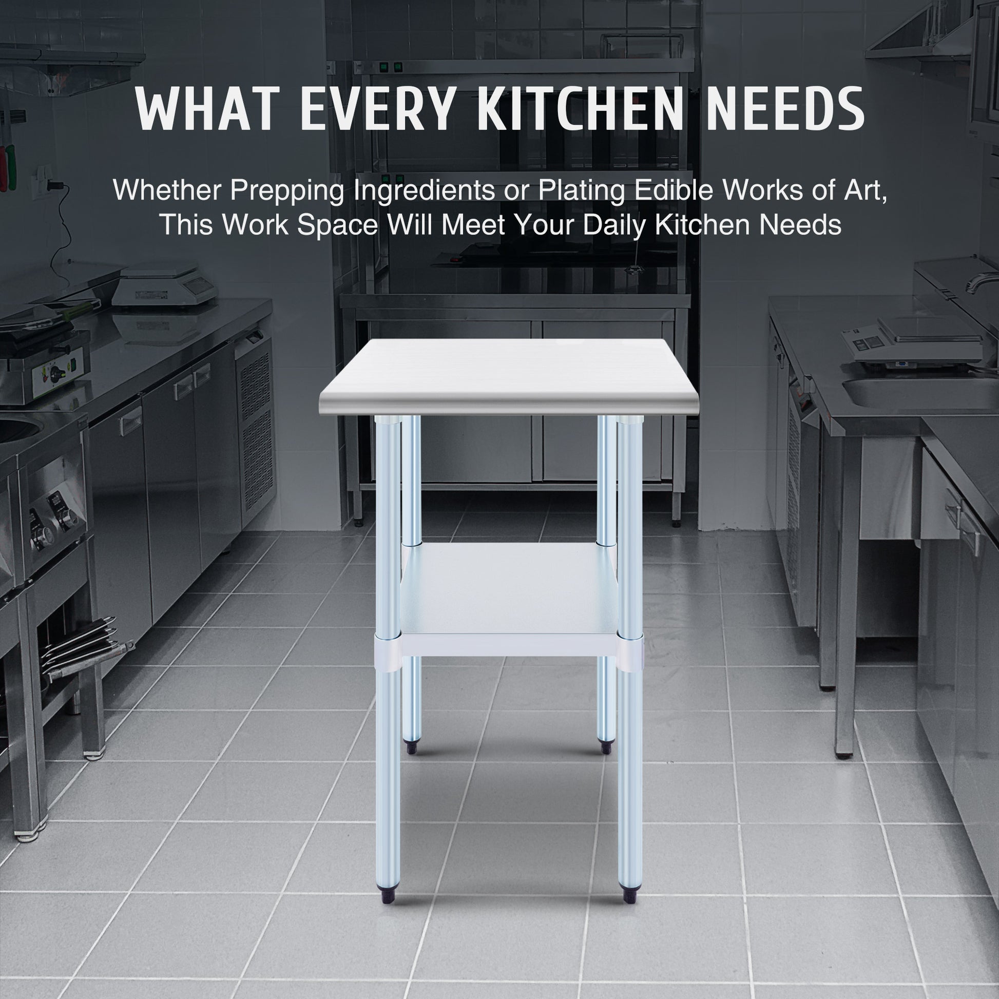 Stainless steel commercial work table with a smooth top, back splash, and adjustable undershelf, featuring metal legs.