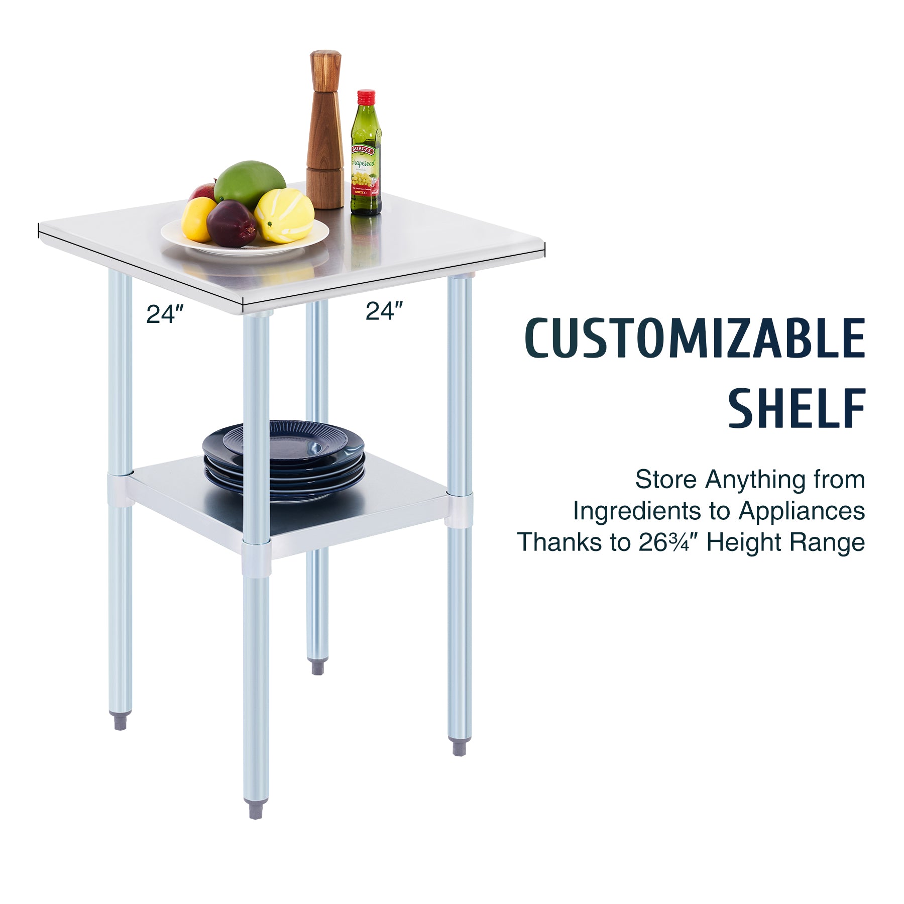 Stainless steel commercial work table with a smooth top, back splash, and adjustable undershelf, featuring metal legs.