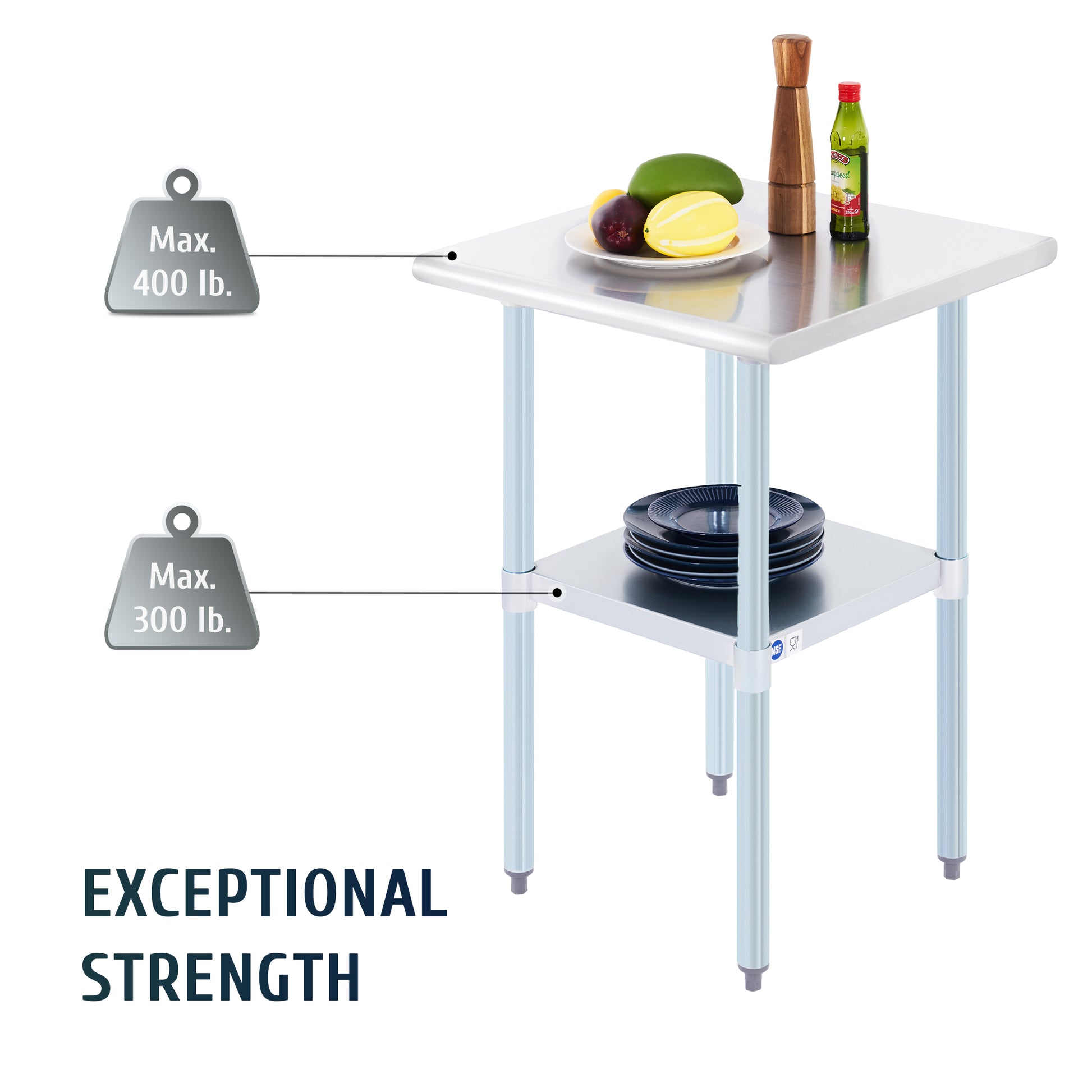 Stainless steel commercial work table with a smooth top, back splash, and adjustable undershelf, featuring metal legs.