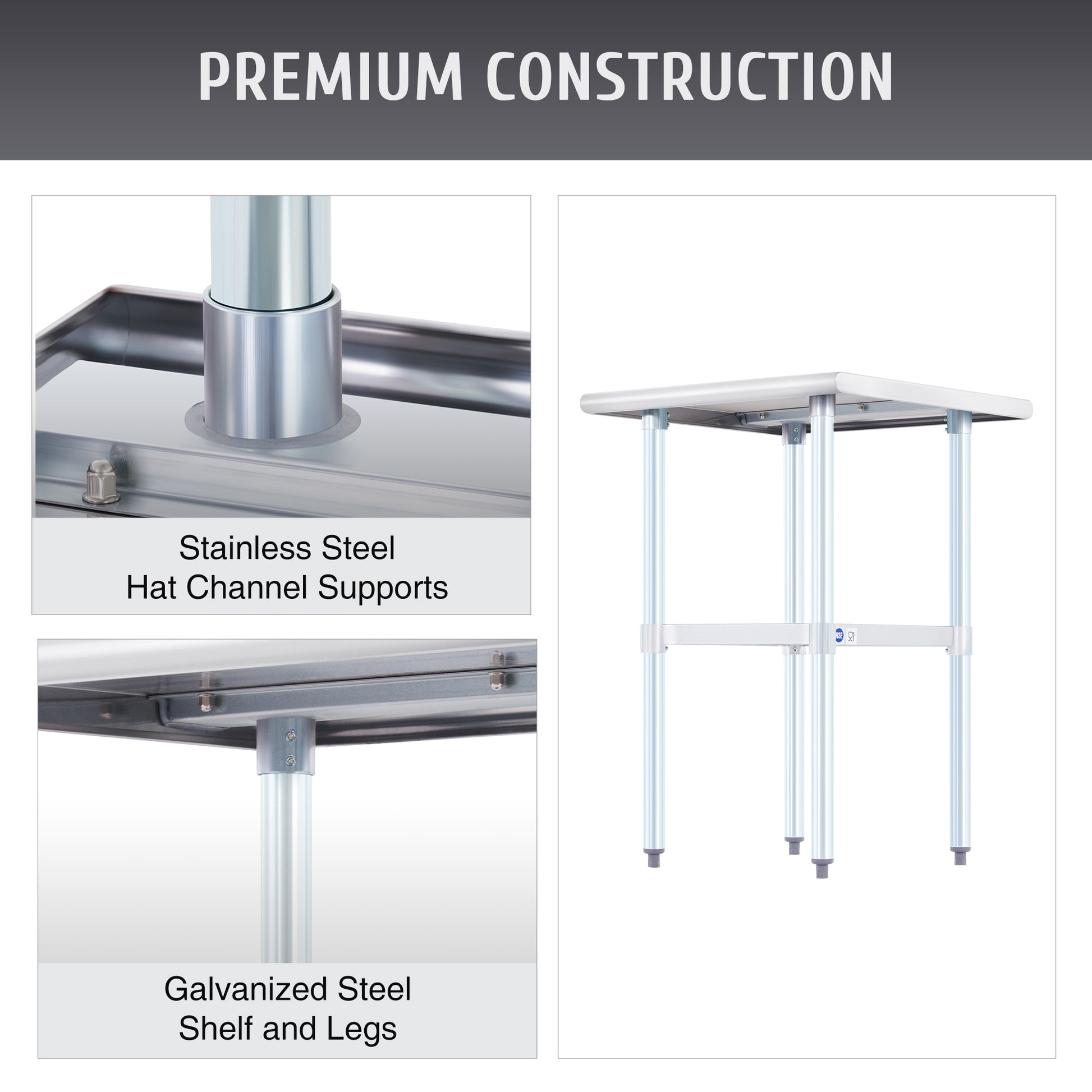 Stainless steel commercial work table with a smooth top, back splash, and adjustable undershelf, featuring metal legs.
