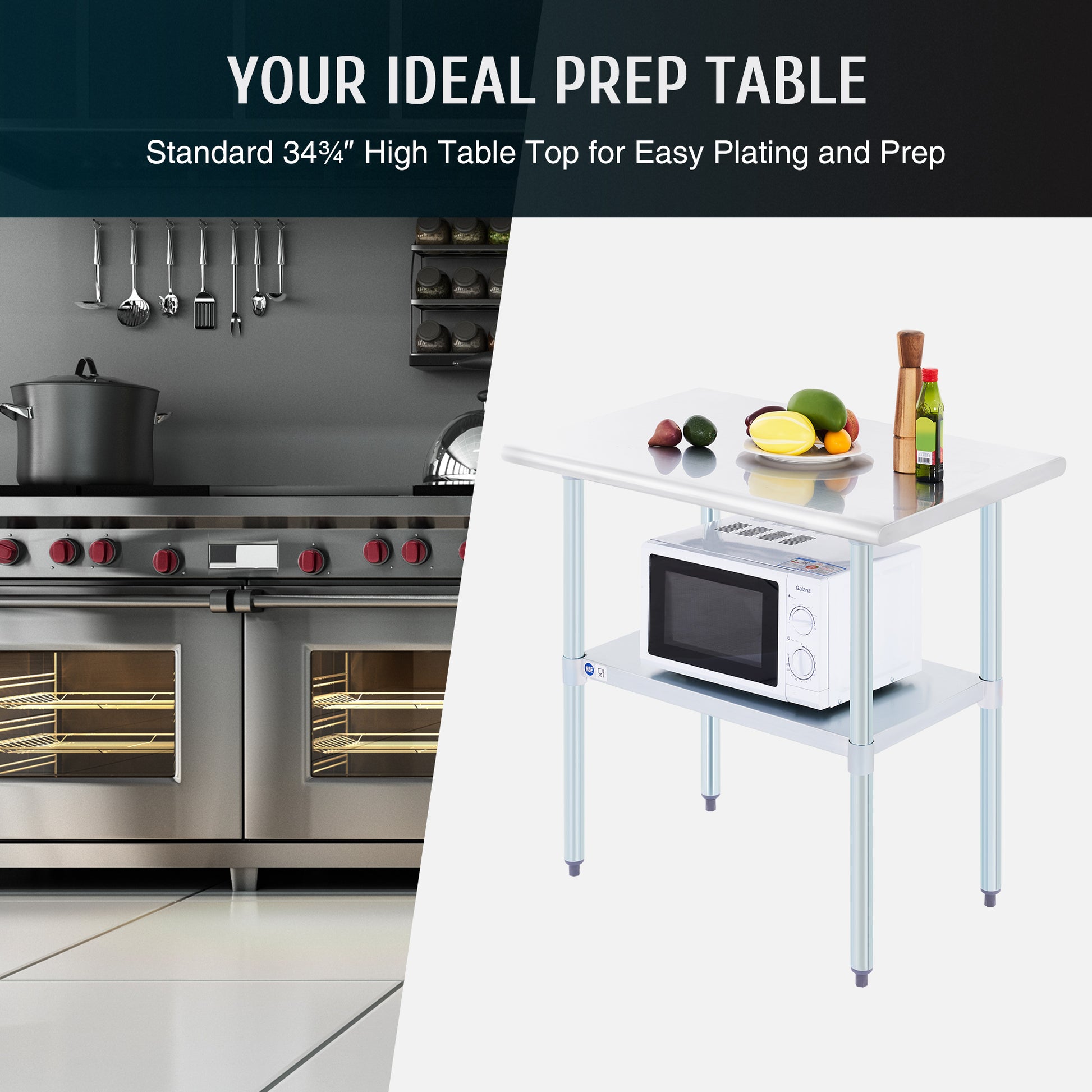 Stainless steel commercial work table with a smooth top, back splash, and adjustable undershelf, featuring metal legs.