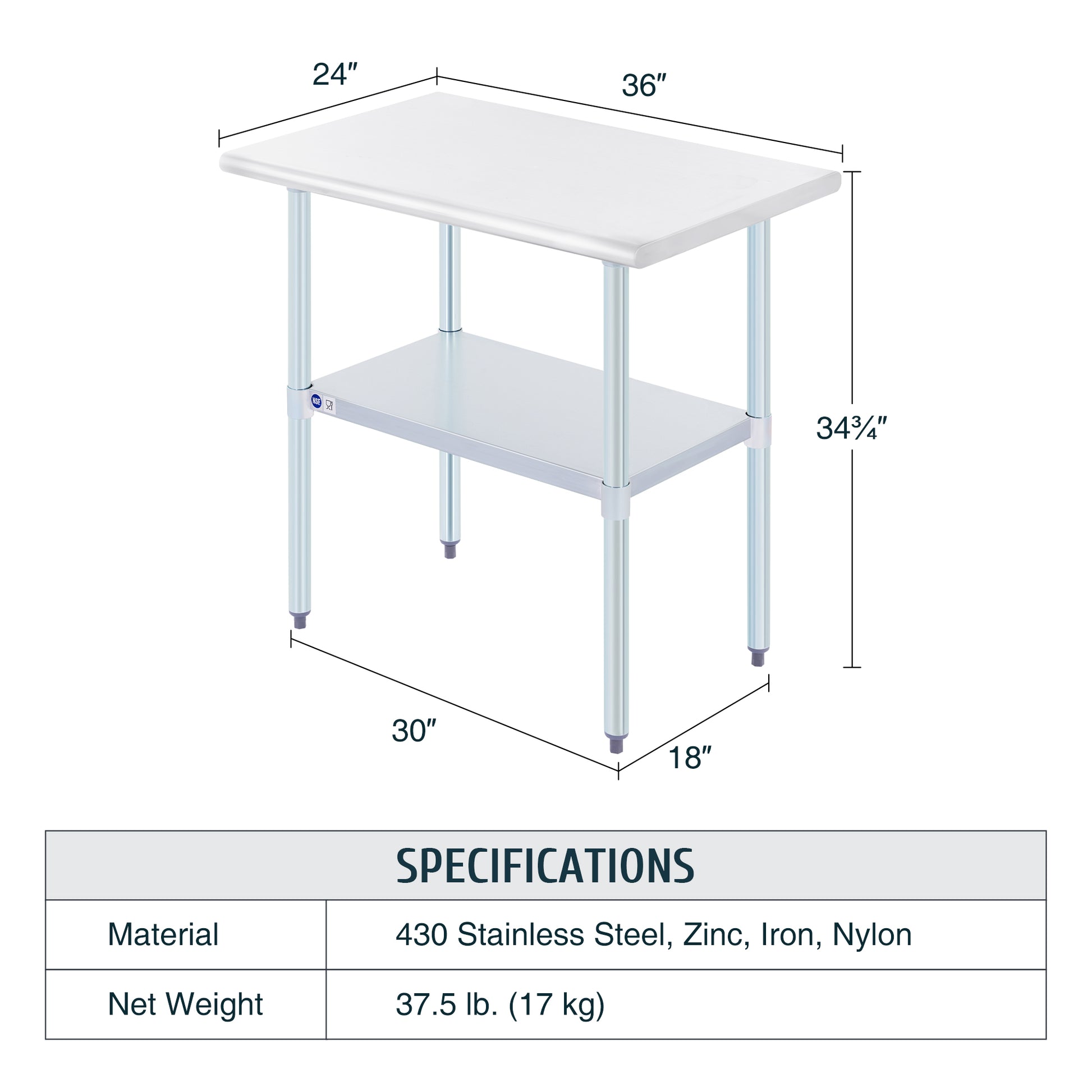Stainless steel commercial work table with a smooth top, back splash, and adjustable undershelf, featuring metal legs.