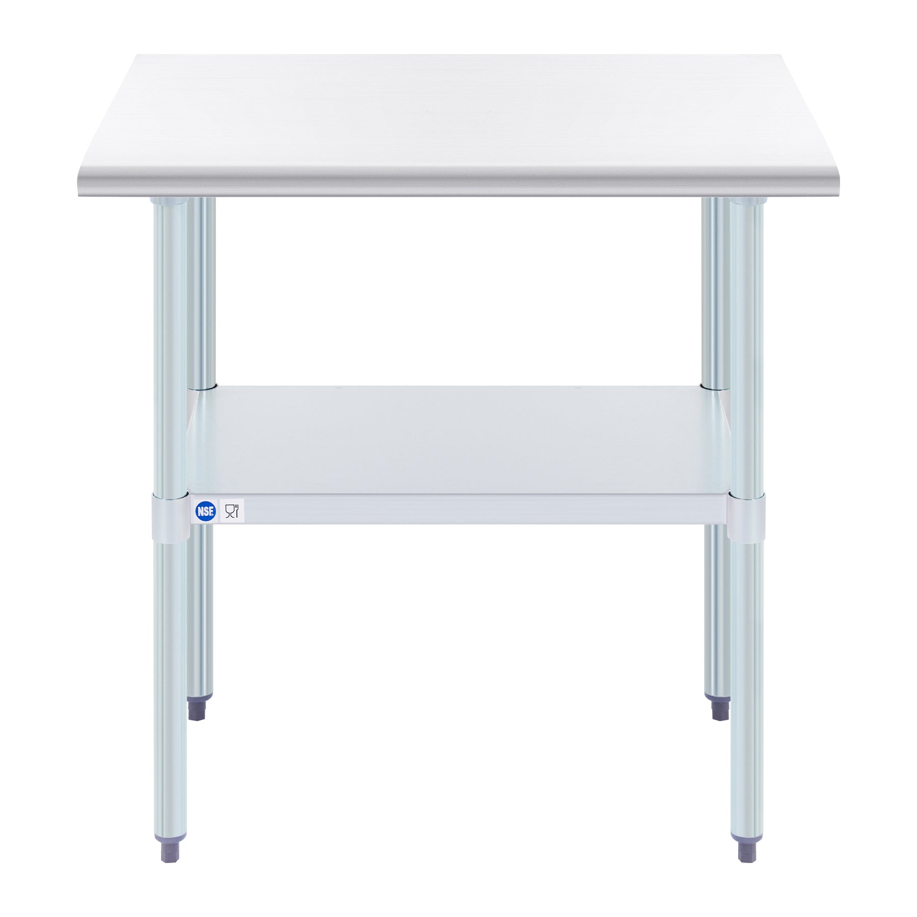 Stainless steel commercial work table with a smooth top, back splash, and adjustable undershelf, featuring metal legs.