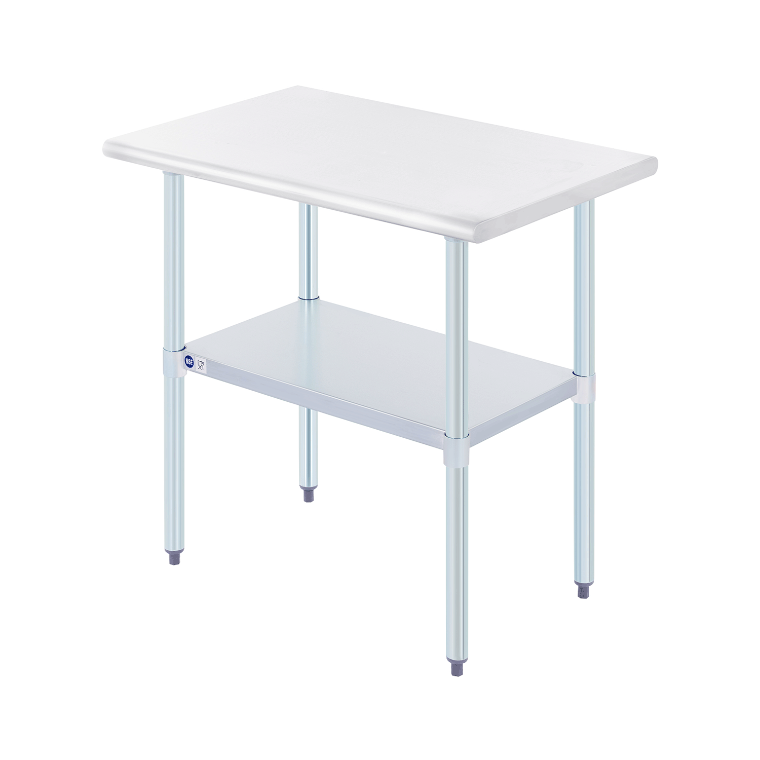 Stainless steel commercial work table with a tabletop and a lower shelf, featuring adjustable height and made from 430 stainless steel.