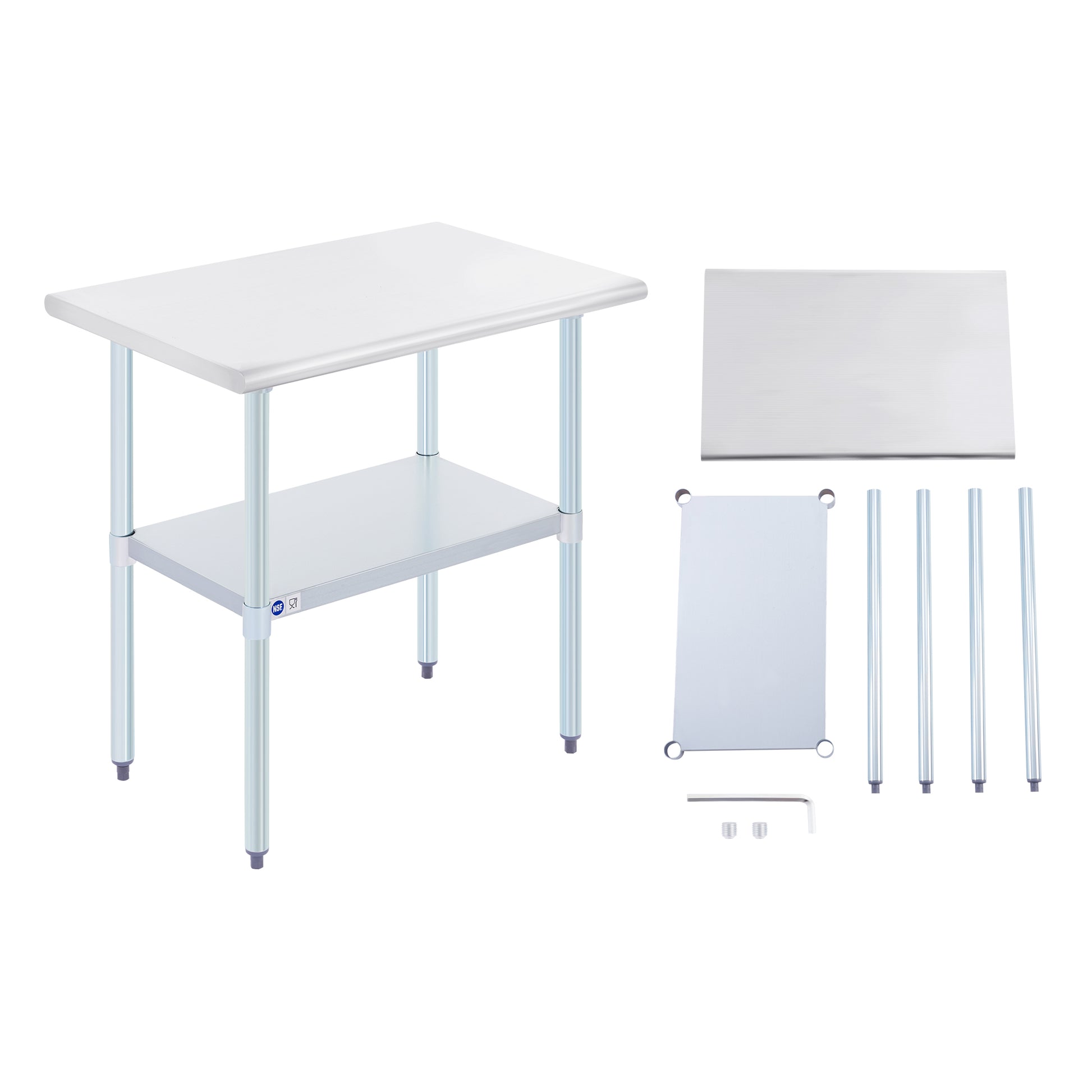 Stainless steel commercial work table with a smooth top, back splash, and adjustable undershelf, featuring metal legs.