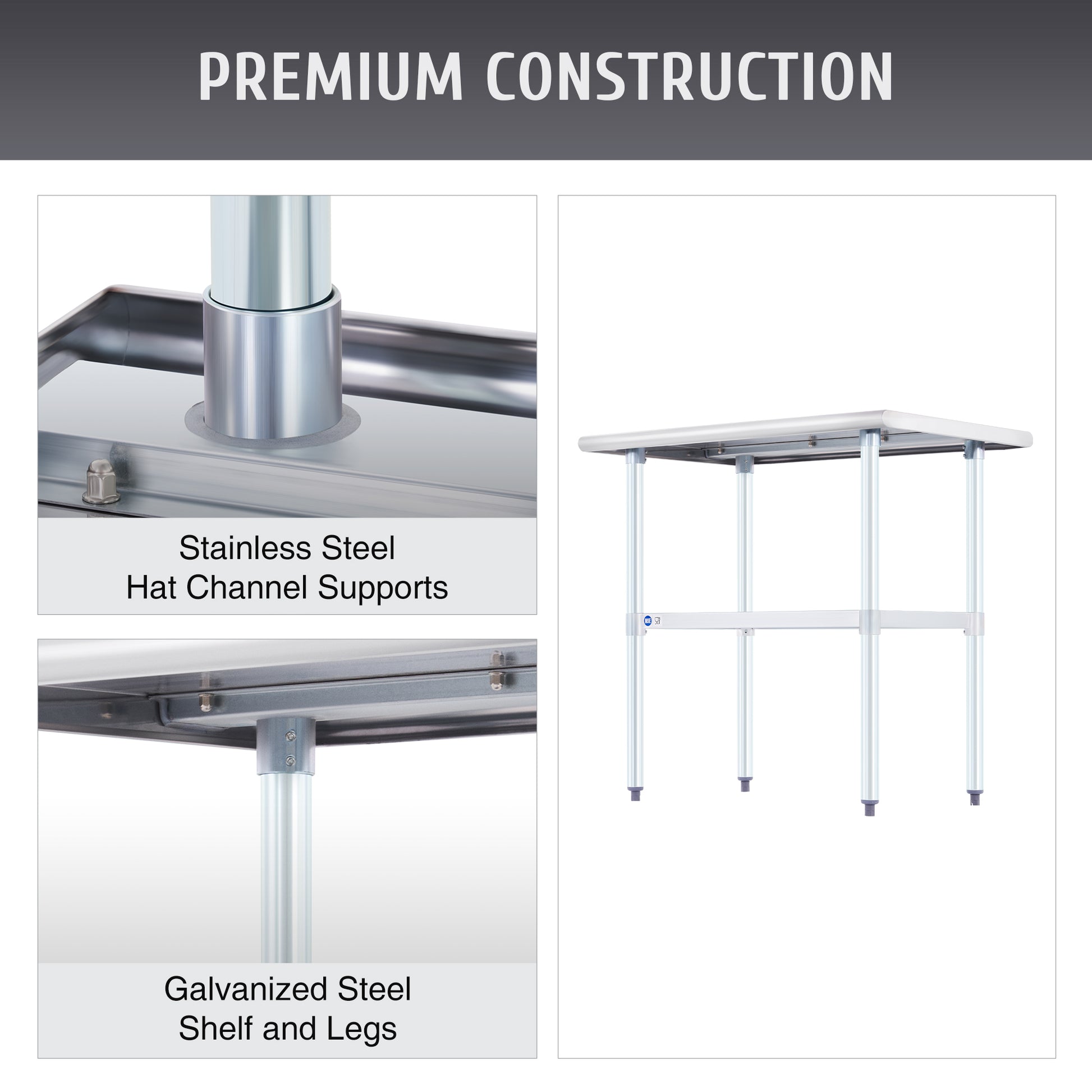 Stainless steel commercial work table with a smooth top, back splash, and adjustable undershelf, featuring metal legs.