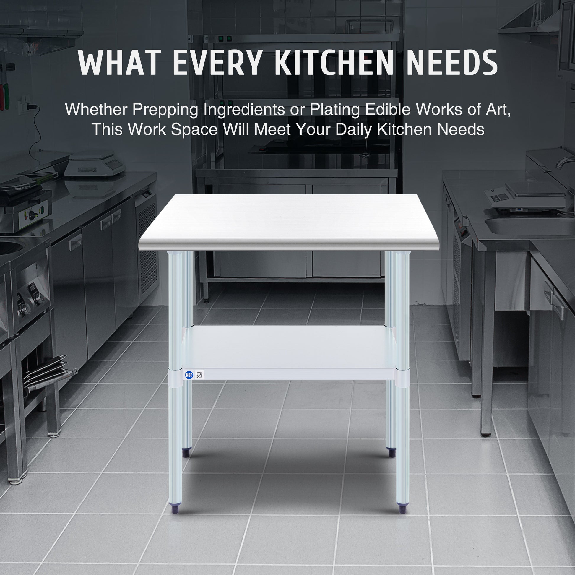 Stainless steel commercial work table with a smooth top, back splash, and adjustable undershelf, featuring metal legs.