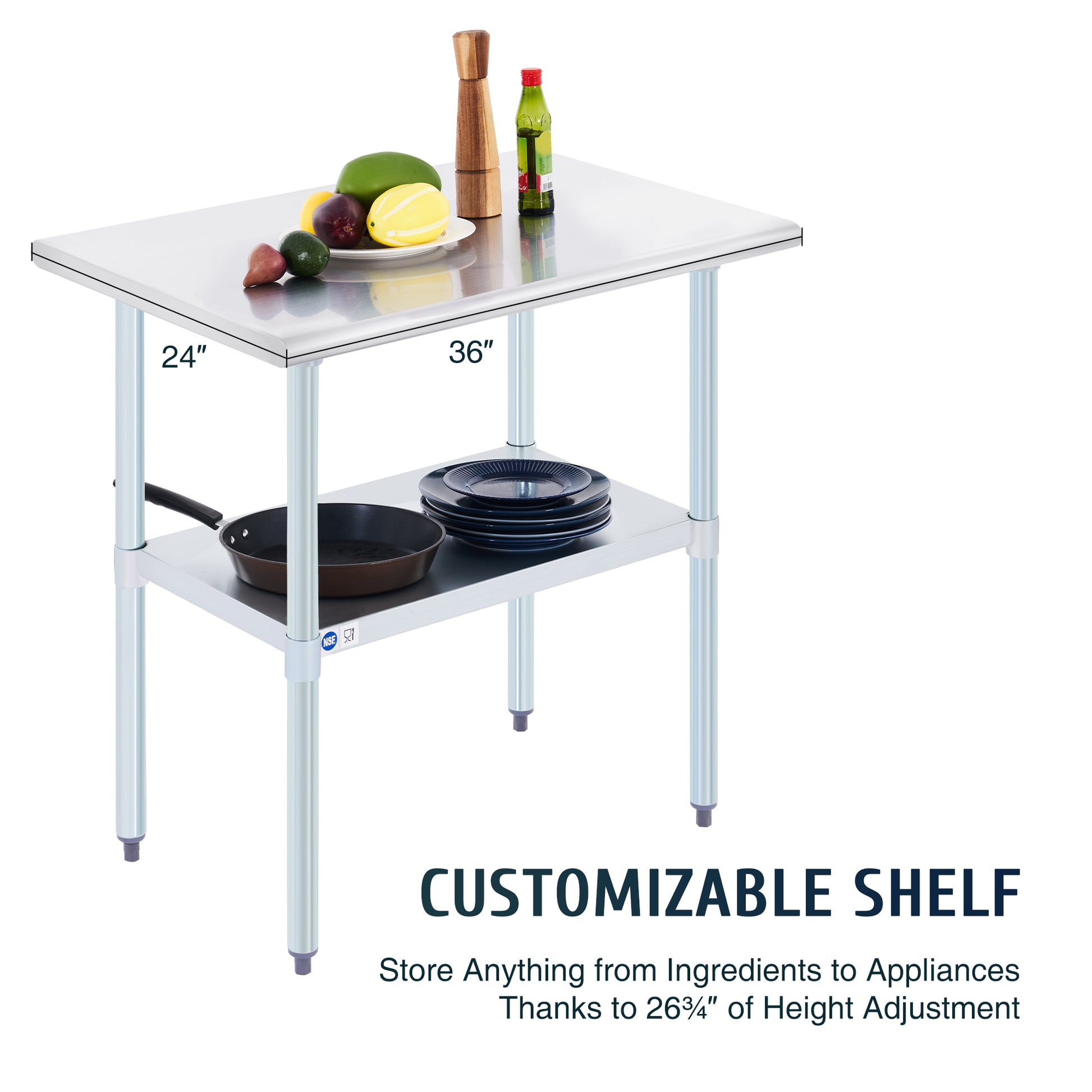 Stainless steel commercial work table with a smooth top, back splash, and adjustable undershelf, featuring metal legs.
