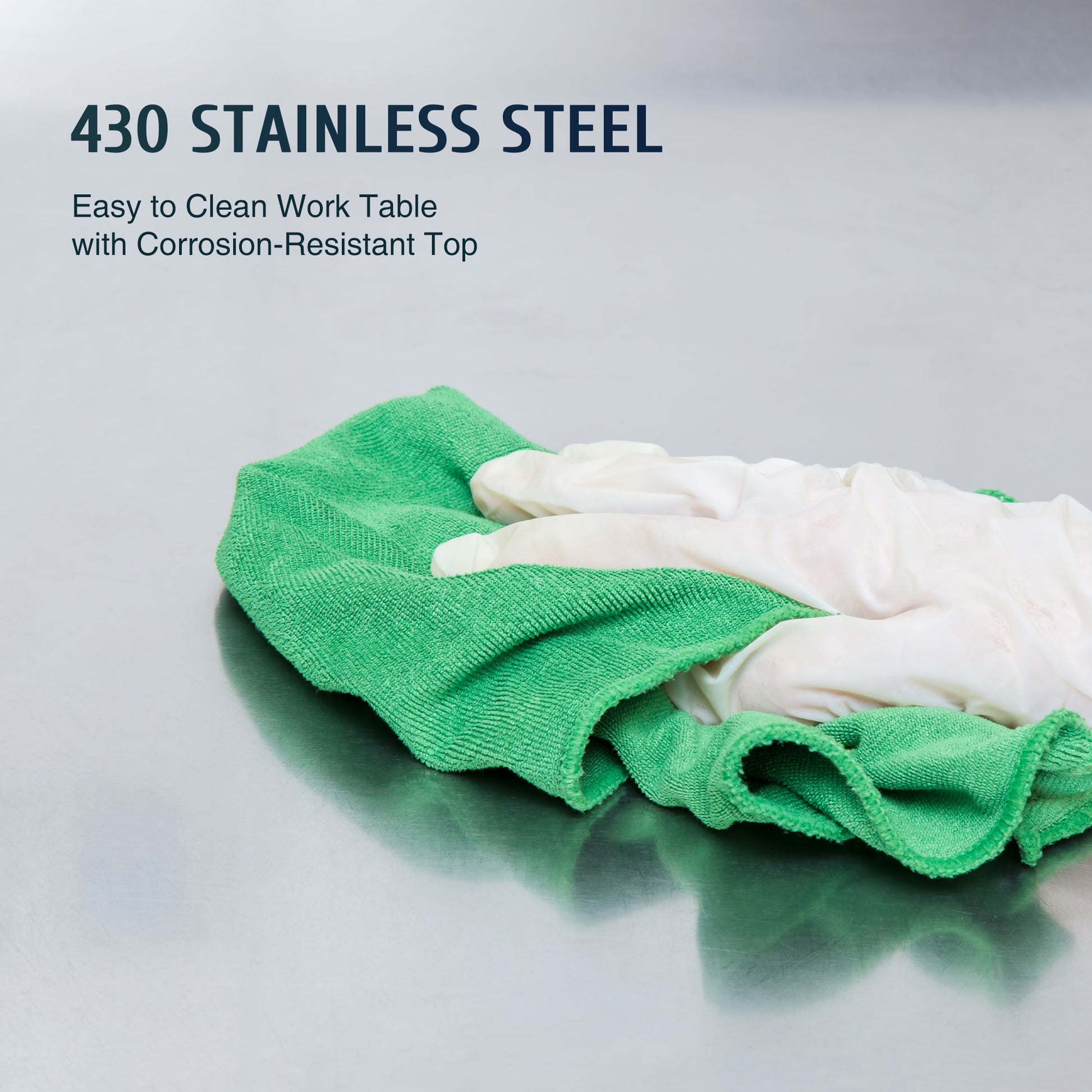 Stainless steel commercial work table with a smooth top, back splash, and adjustable undershelf, featuring metal legs.