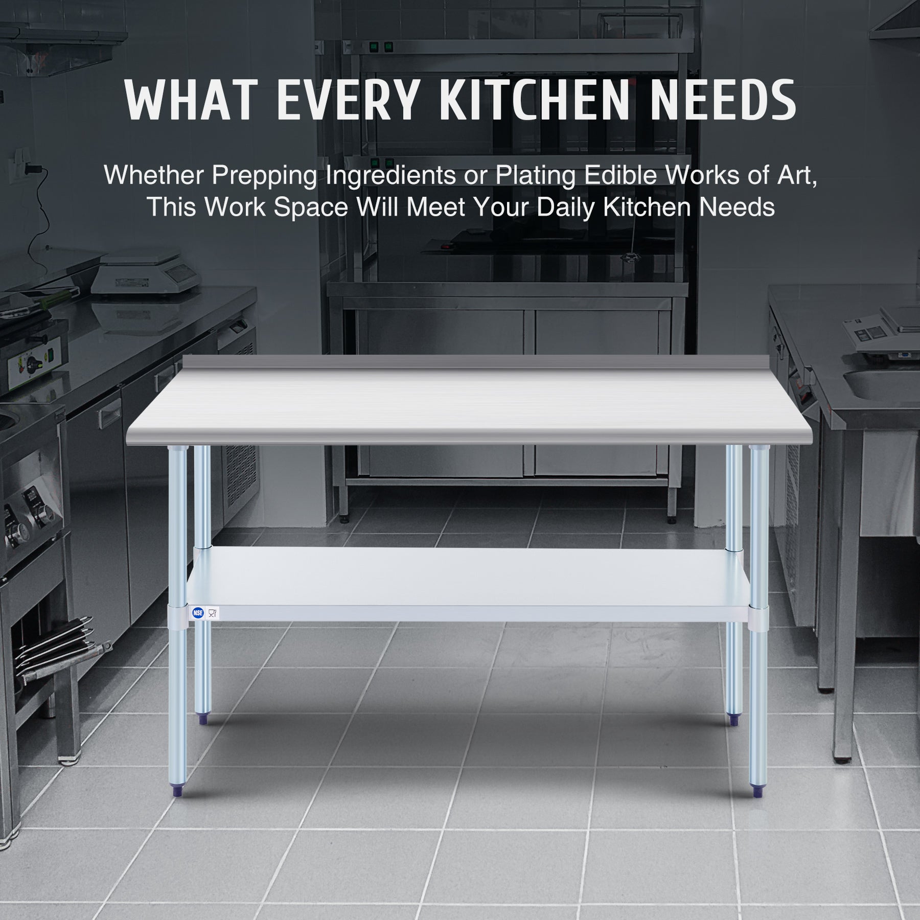 Stainless steel commercial work table with a smooth top, back splash, and adjustable undershelf, featuring metal legs.